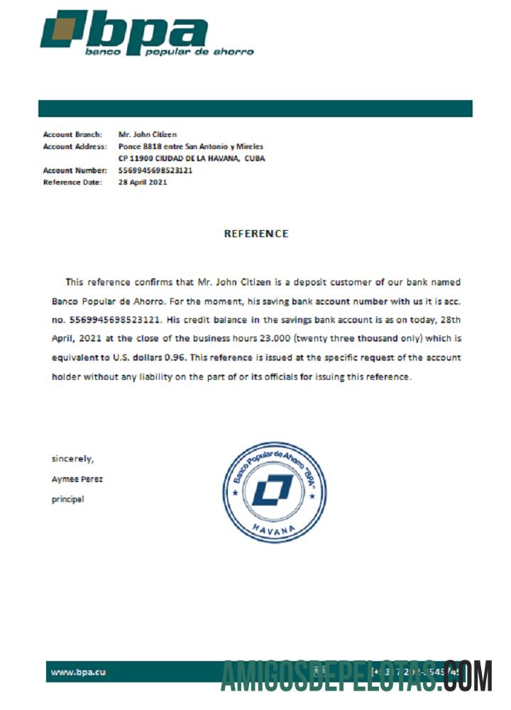 Referência do Banco de Poupança Popular de Cuba modelo